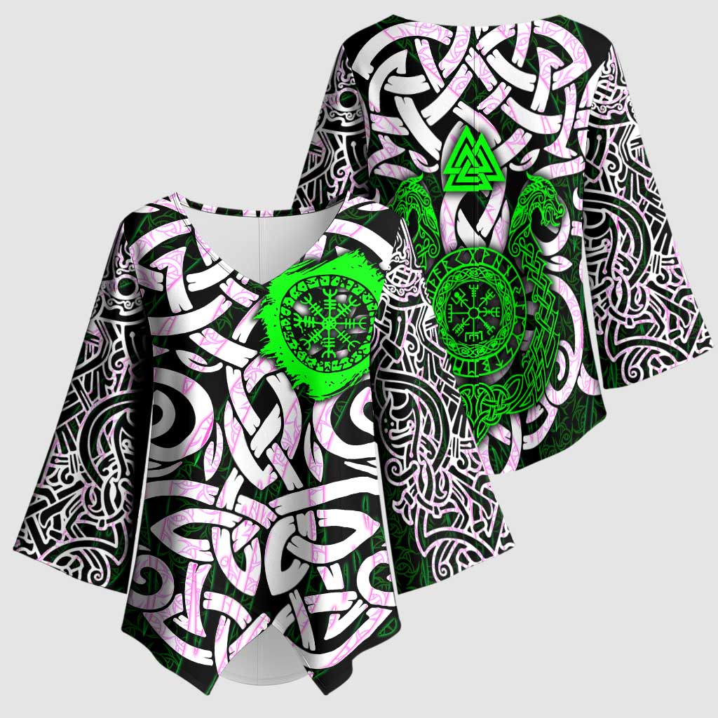 Vegvisir Kimono Sleeve Blouse with Green Dragons and Norse Knots Viking Protection Tribute - Wonder Print Shop