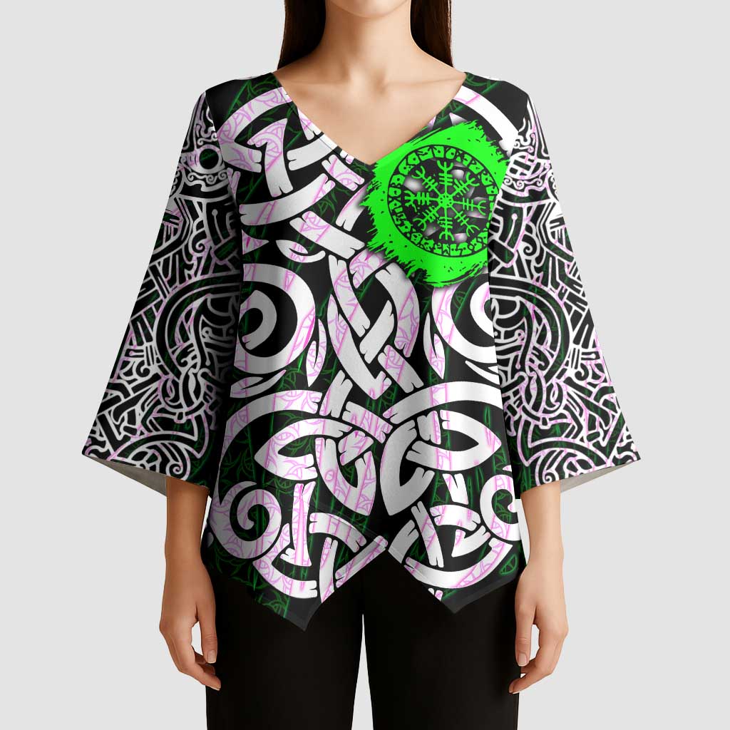 Vegvisir Kimono Sleeve Blouse with Green Dragons and Norse Knots Viking Protection Tribute - Wonder Print Shop