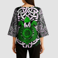 Vegvisir Kimono Sleeve Blouse with Green Dragons and Norse Knots Viking Protection Tribute - Wonder Print Shop