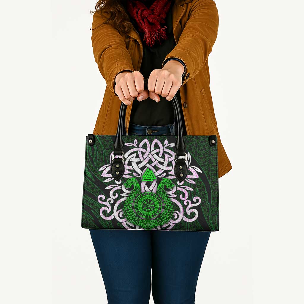 Vegvisir Leather Bag with Green Dragons and Norse Knots Viking Protection Tribute - Wonder Print Shop