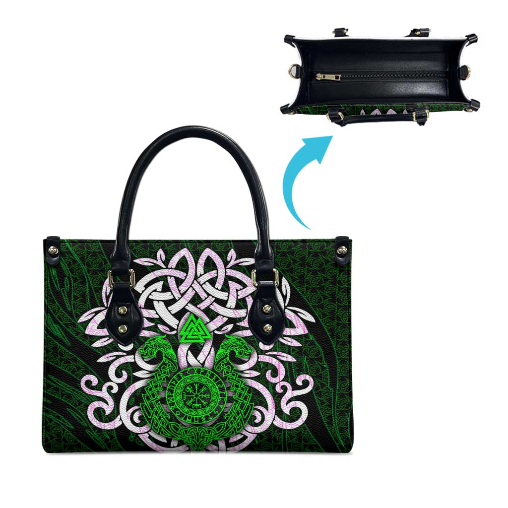 Vegvisir Leather Bag with Green Dragons and Norse Knots Viking Protection Tribute - Wonder Print Shop