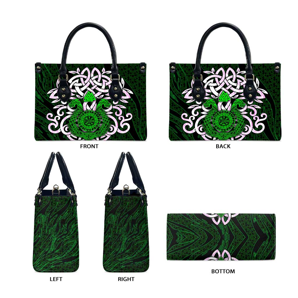 Vegvisir Leather Bag with Green Dragons and Norse Knots Viking Protection Tribute - Wonder Print Shop