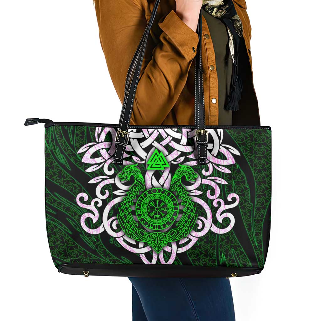 Vegvisir Leather Tote Bag with Green Dragons and Norse Knots Viking Protection Tribute - Wonder Print Shop