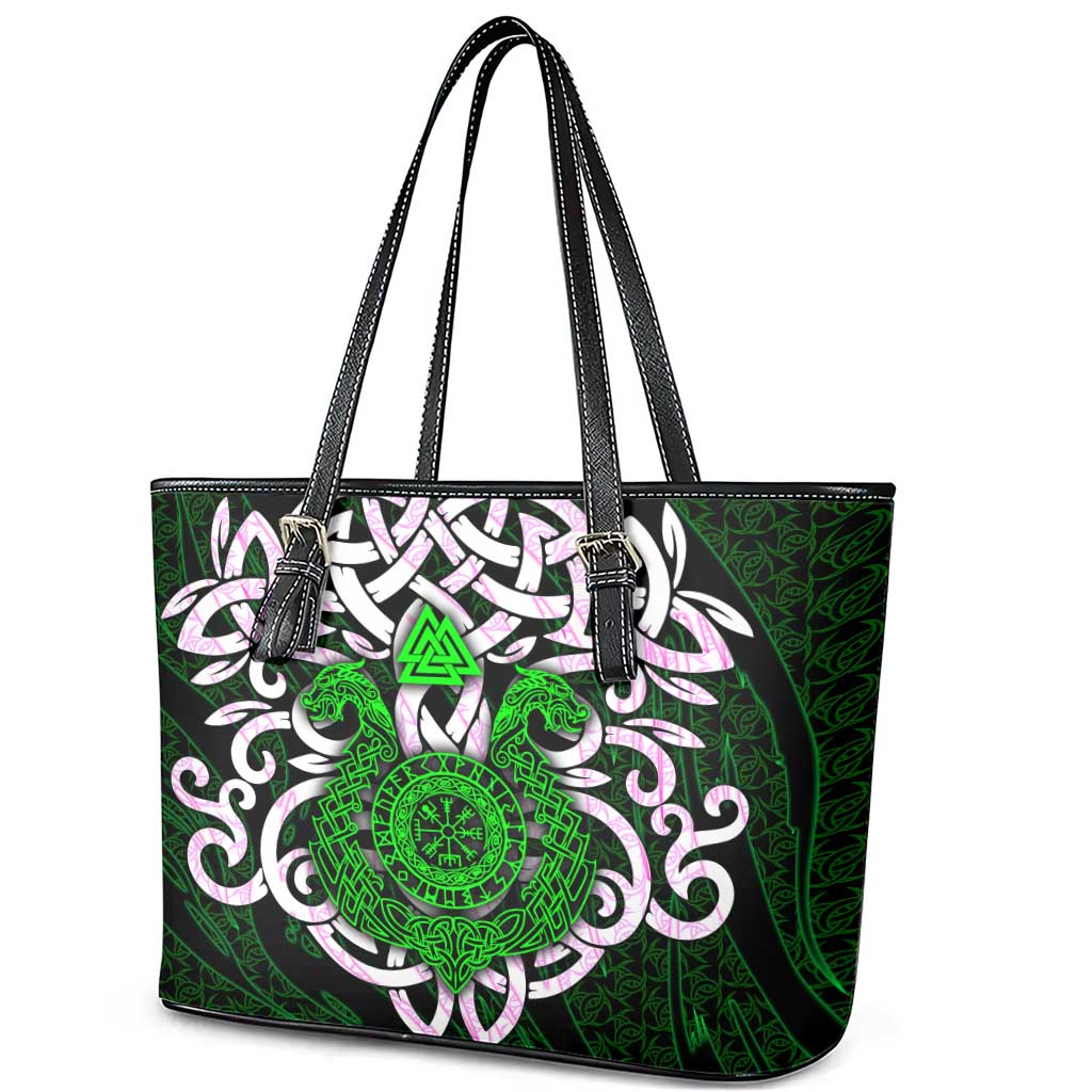 Vegvisir Leather Tote Bag with Green Dragons and Norse Knots Viking Protection Tribute - Wonder Print Shop