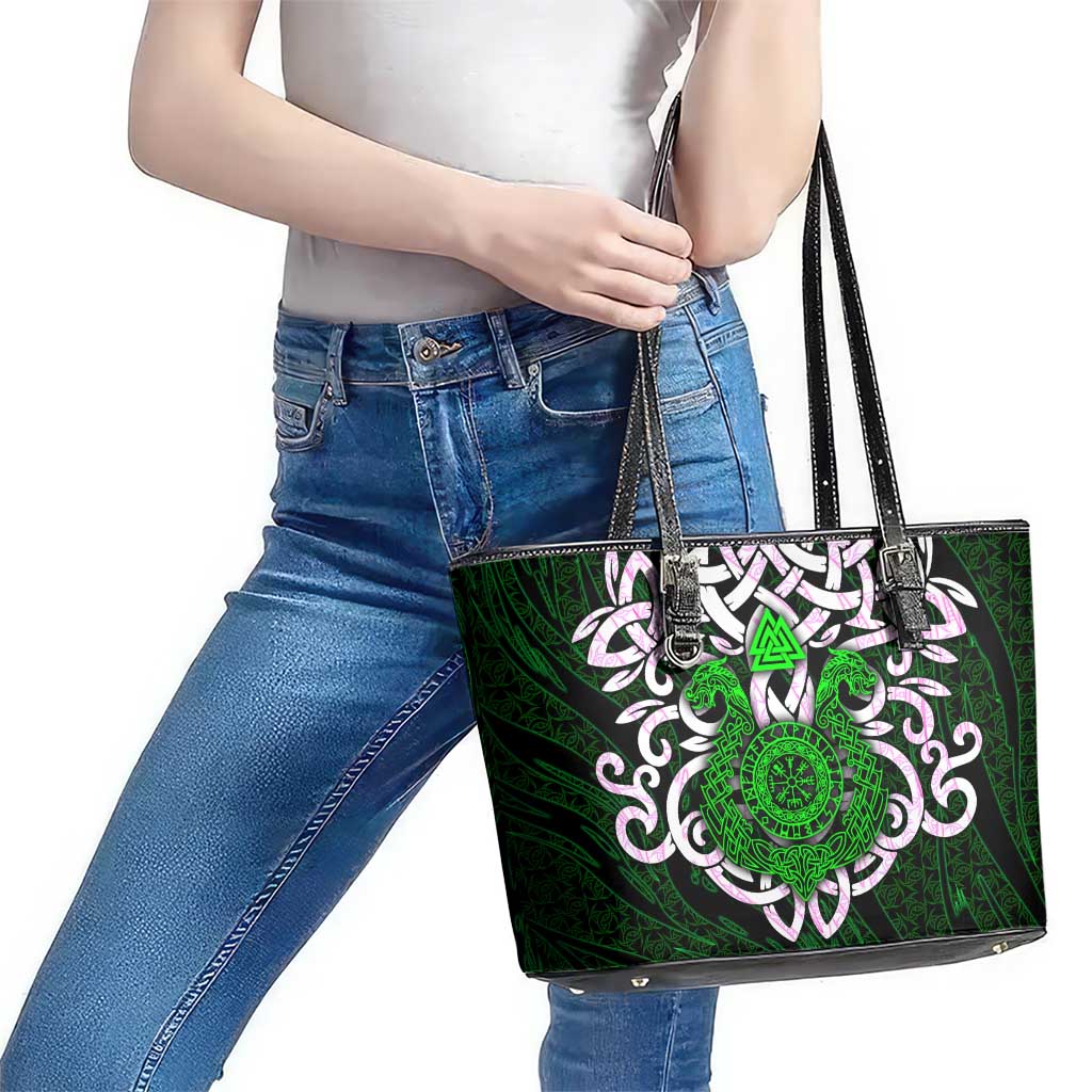 Vegvisir Leather Tote Bag with Green Dragons and Norse Knots Viking Protection Tribute - Wonder Print Shop