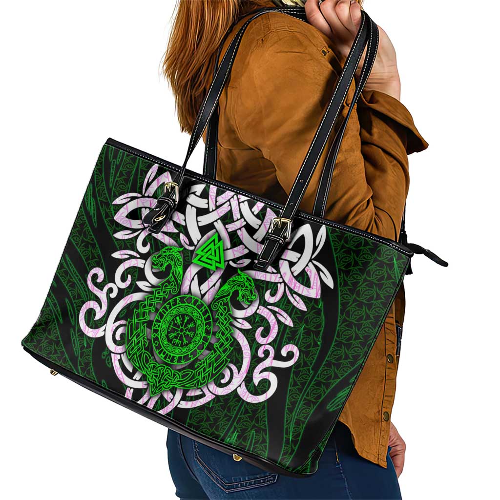 Vegvisir Leather Tote Bag with Green Dragons and Norse Knots Viking Protection Tribute - Wonder Print Shop
