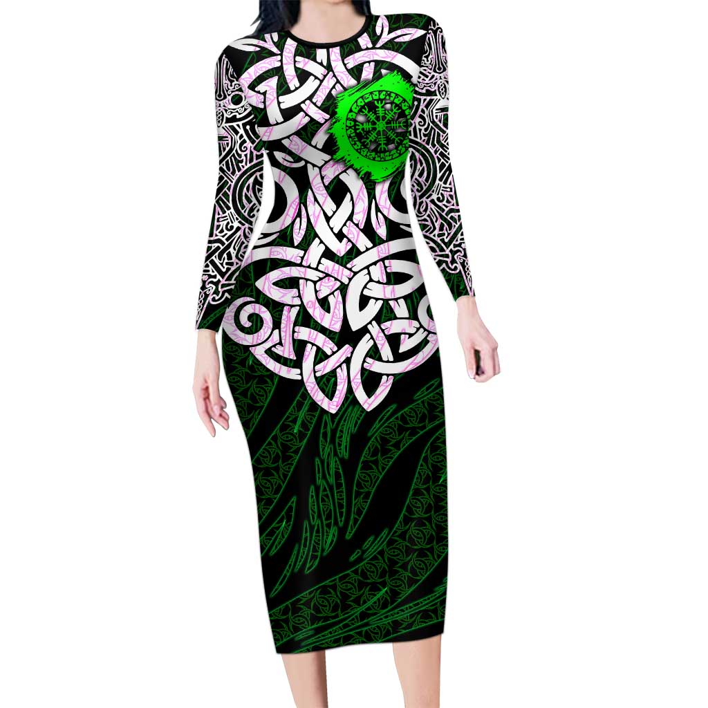 Vegvisir Long Sleeve Bodycon Dress with Green Dragons and Norse Knots Viking Protection Tribute - Wonder Print Shop