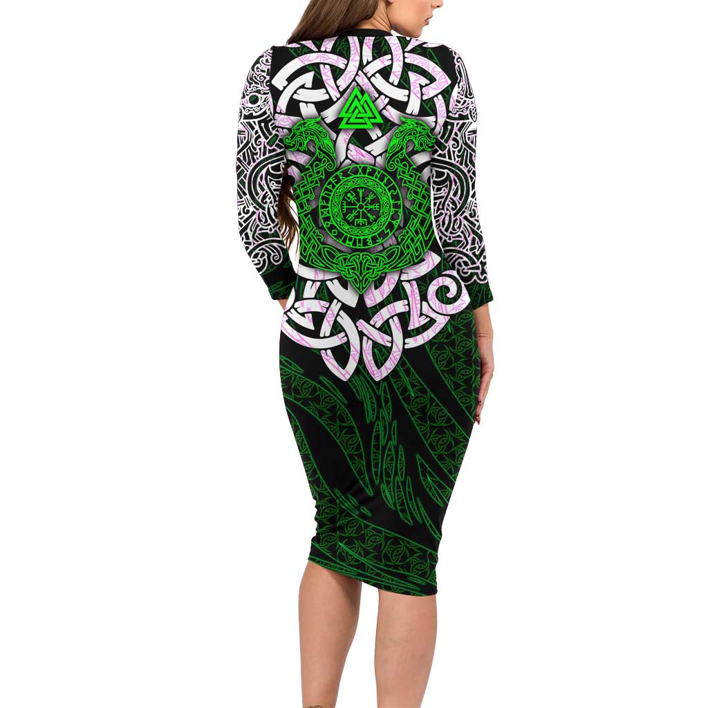 Vegvisir Long Sleeve Bodycon Dress with Green Dragons and Norse Knots Viking Protection Tribute - Wonder Print Shop