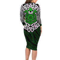 Vegvisir Long Sleeve Bodycon Dress with Green Dragons and Norse Knots Viking Protection Tribute - Wonder Print Shop