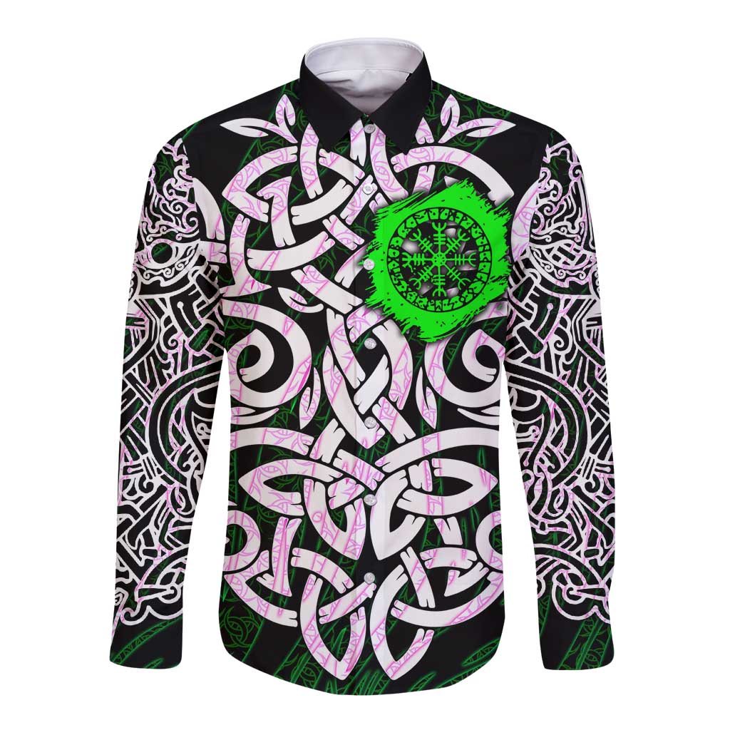Vegvisir Long Sleeve Button Shirt with Green Dragons and Norse Knots Viking Protection Tribute - Wonder Print Shop