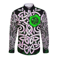 Vegvisir Long Sleeve Button Shirt with Green Dragons and Norse Knots Viking Protection Tribute - Wonder Print Shop
