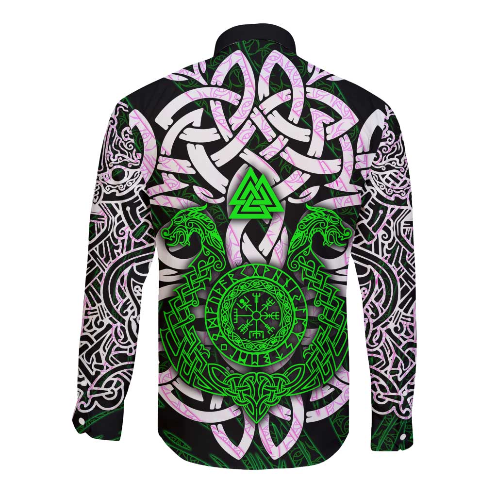 Vegvisir Long Sleeve Button Shirt with Green Dragons and Norse Knots Viking Protection Tribute - Wonder Print Shop
