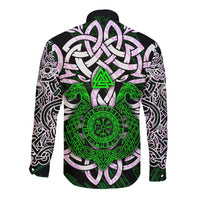 Vegvisir Long Sleeve Button Shirt with Green Dragons and Norse Knots Viking Protection Tribute - Wonder Print Shop