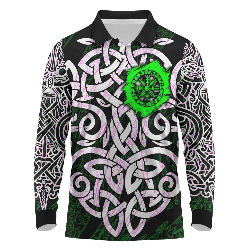 Vegvisir Long Sleeve Polo Shirt with Green Dragons and Norse Knots Viking Protection Tribute - Wonder Print Shop