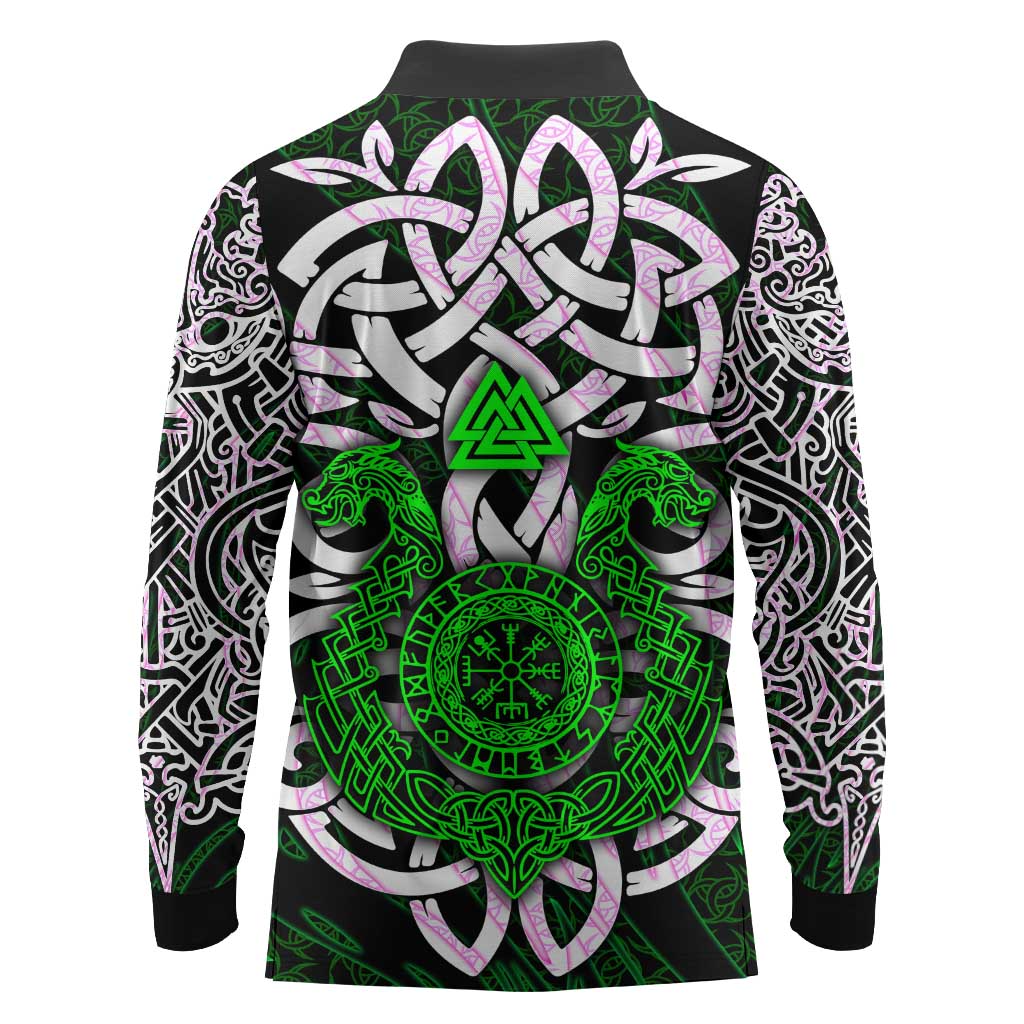 Vegvisir Long Sleeve Polo Shirt with Green Dragons and Norse Knots Viking Protection Tribute - Wonder Print Shop