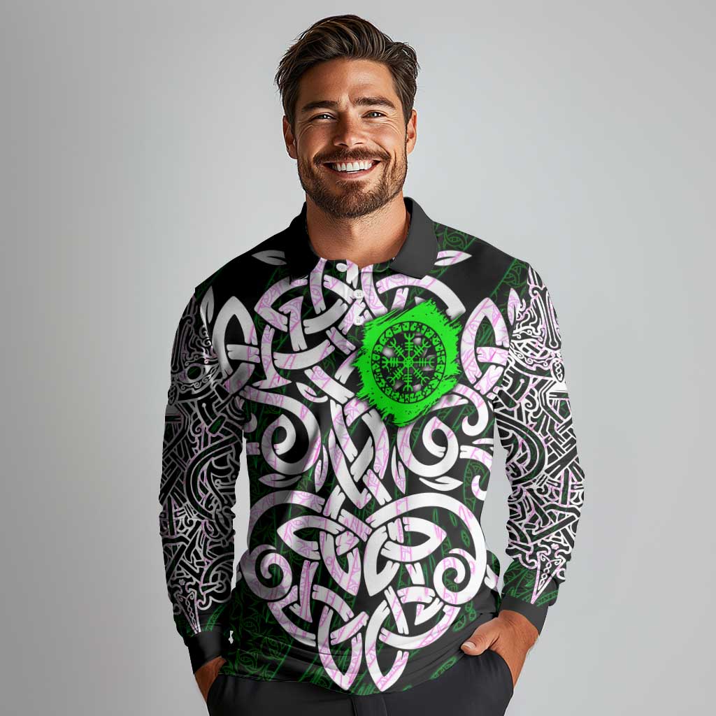 Vegvisir Long Sleeve Polo Shirt with Green Dragons and Norse Knots Viking Protection Tribute - Wonder Print Shop