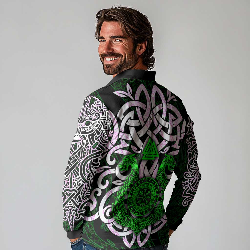 Vegvisir Long Sleeve Polo Shirt with Green Dragons and Norse Knots Viking Protection Tribute - Wonder Print Shop