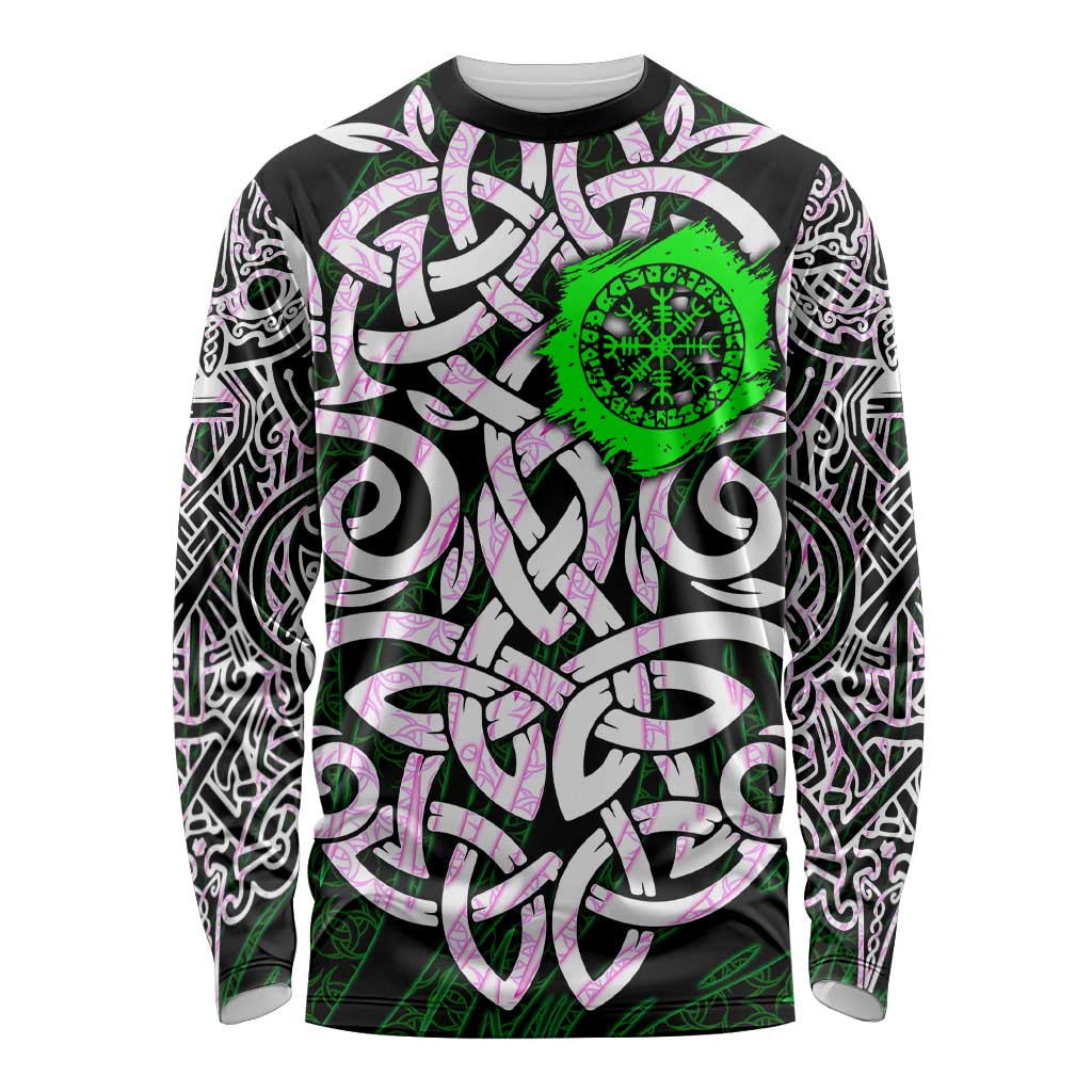 Vegvisir Long Sleeve Shirt with Green Dragons and Norse Knots Viking Protection Tribute - Wonder Print Shop
