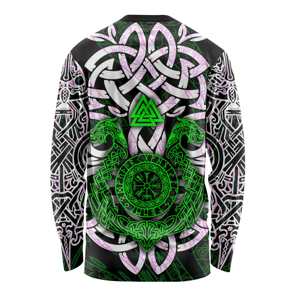 Vegvisir Long Sleeve Shirt with Green Dragons and Norse Knots Viking Protection Tribute - Wonder Print Shop