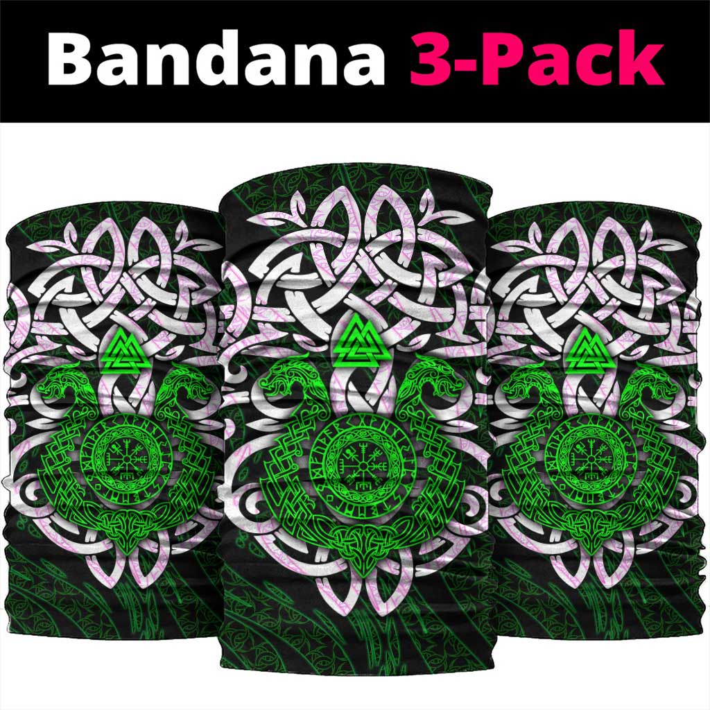 Vegvisir Neck Gaiter with Green Dragons and Norse Knots Viking Protection Tribute - Wonder Print Shop