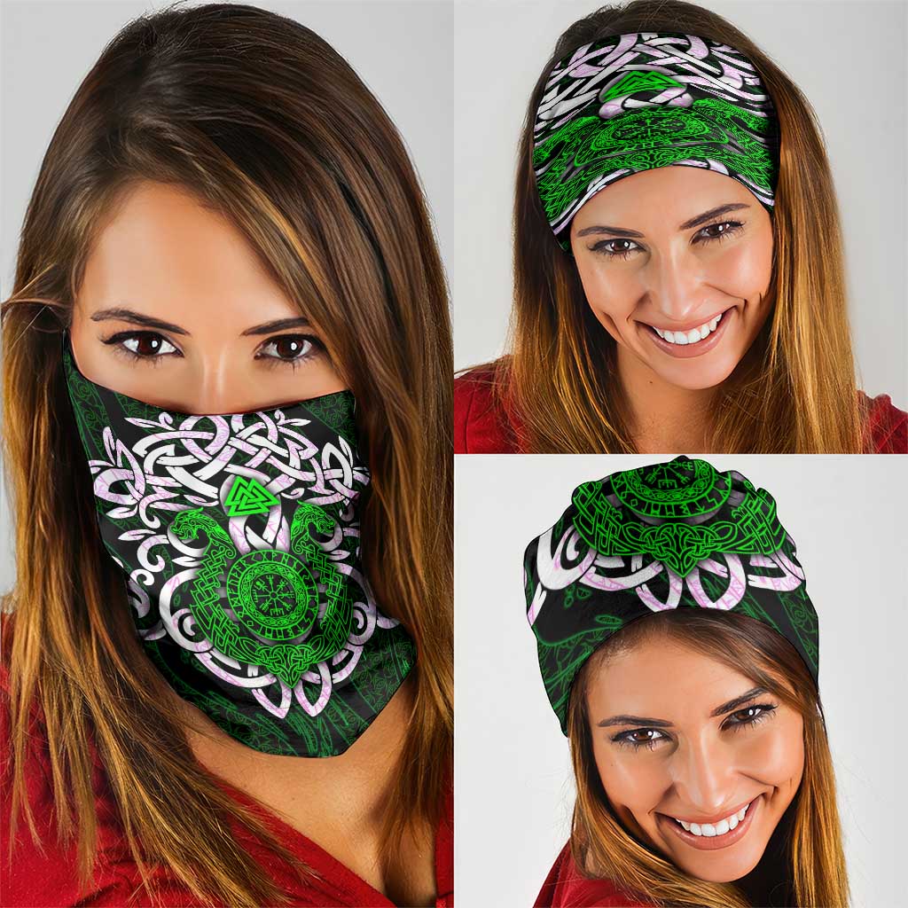 Vegvisir Neck Gaiter with Green Dragons and Norse Knots Viking Protection Tribute - Wonder Print Shop