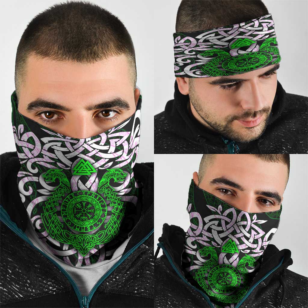Vegvisir Neck Gaiter with Green Dragons and Norse Knots Viking Protection Tribute - Wonder Print Shop