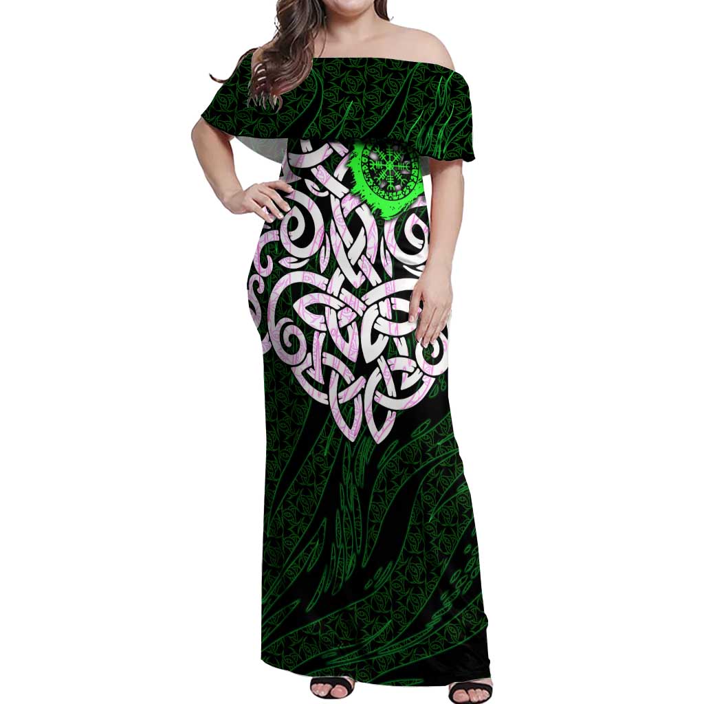 Vegvisir Off Shoulder Maxi Dress with Green Dragons and Norse Knots Viking Protection Tribute - Wonder Print Shop