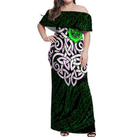 Vegvisir Off Shoulder Maxi Dress with Green Dragons and Norse Knots Viking Protection Tribute - Wonder Print Shop