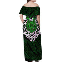 Vegvisir Off Shoulder Maxi Dress with Green Dragons and Norse Knots Viking Protection Tribute - Wonder Print Shop