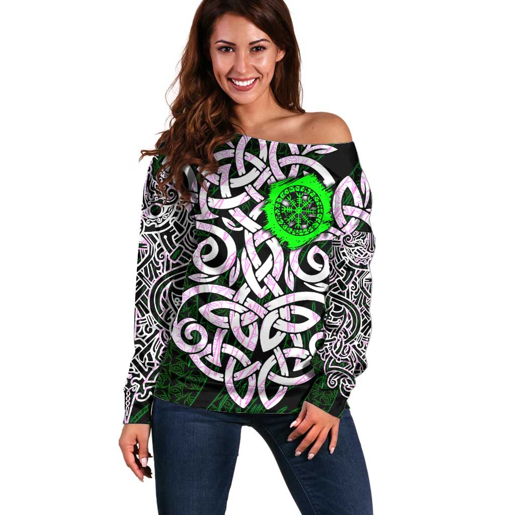 Vegvisir Off Shoulder Sweater with Green Dragons and Norse Knots Viking Protection Tribute - Wonder Print Shop