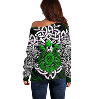 Vegvisir Off Shoulder Sweater with Green Dragons and Norse Knots Viking Protection Tribute - Wonder Print Shop