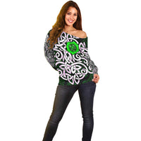 Vegvisir Off Shoulder Sweater with Green Dragons and Norse Knots Viking Protection Tribute - Wonder Print Shop