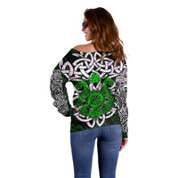 Vegvisir Off Shoulder Sweater with Green Dragons and Norse Knots Viking Protection Tribute - Wonder Print Shop