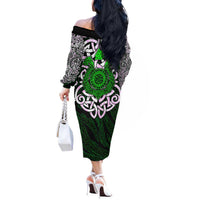 Vegvisir Off The Shoulder Long Sleeve Dress with Green Dragons and Norse Knots Viking Protection Tribute - Wonder Print Shop