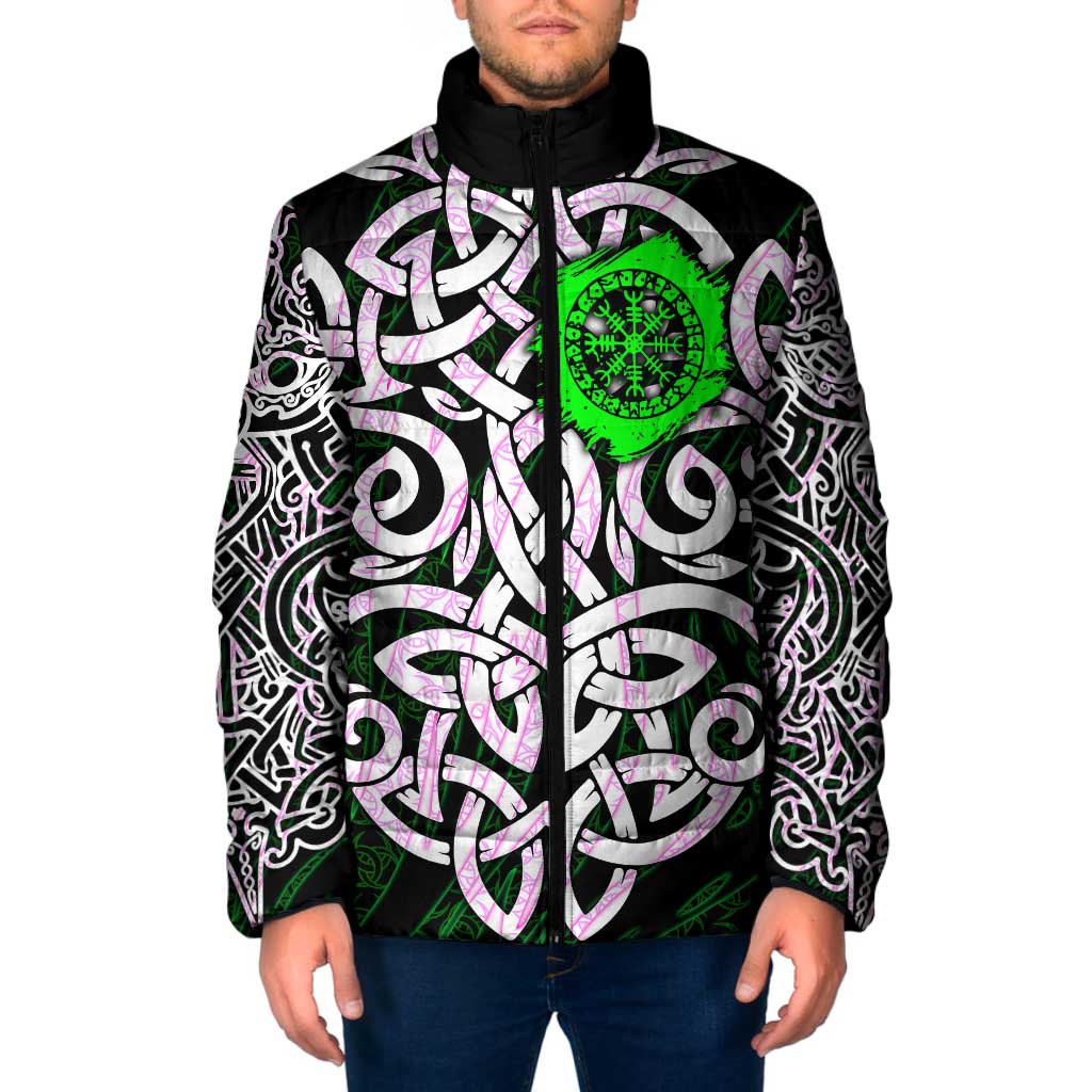 Vegvisir Padded Jacket with Green Dragons and Norse Knots Viking Protection Tribute - Wonder Print Shop