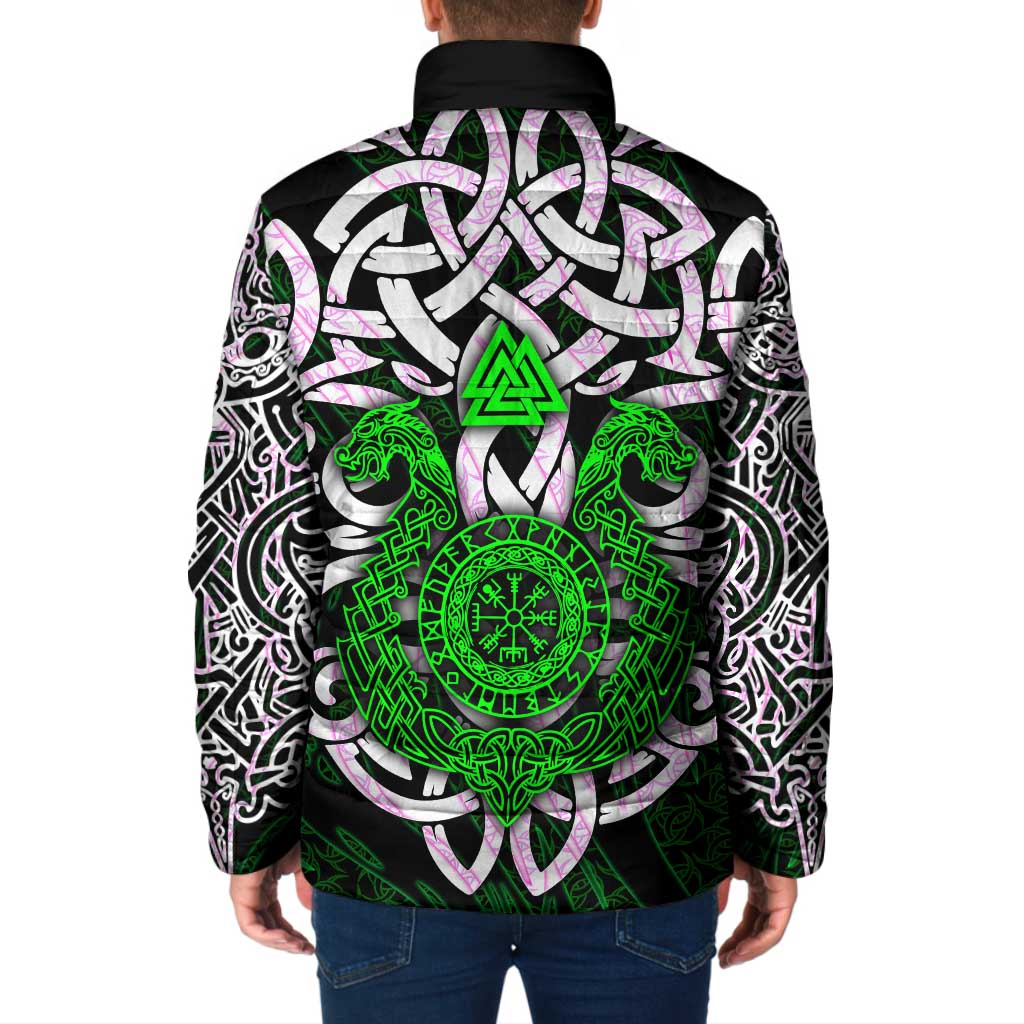 Vegvisir Padded Jacket with Green Dragons and Norse Knots Viking Protection Tribute - Wonder Print Shop