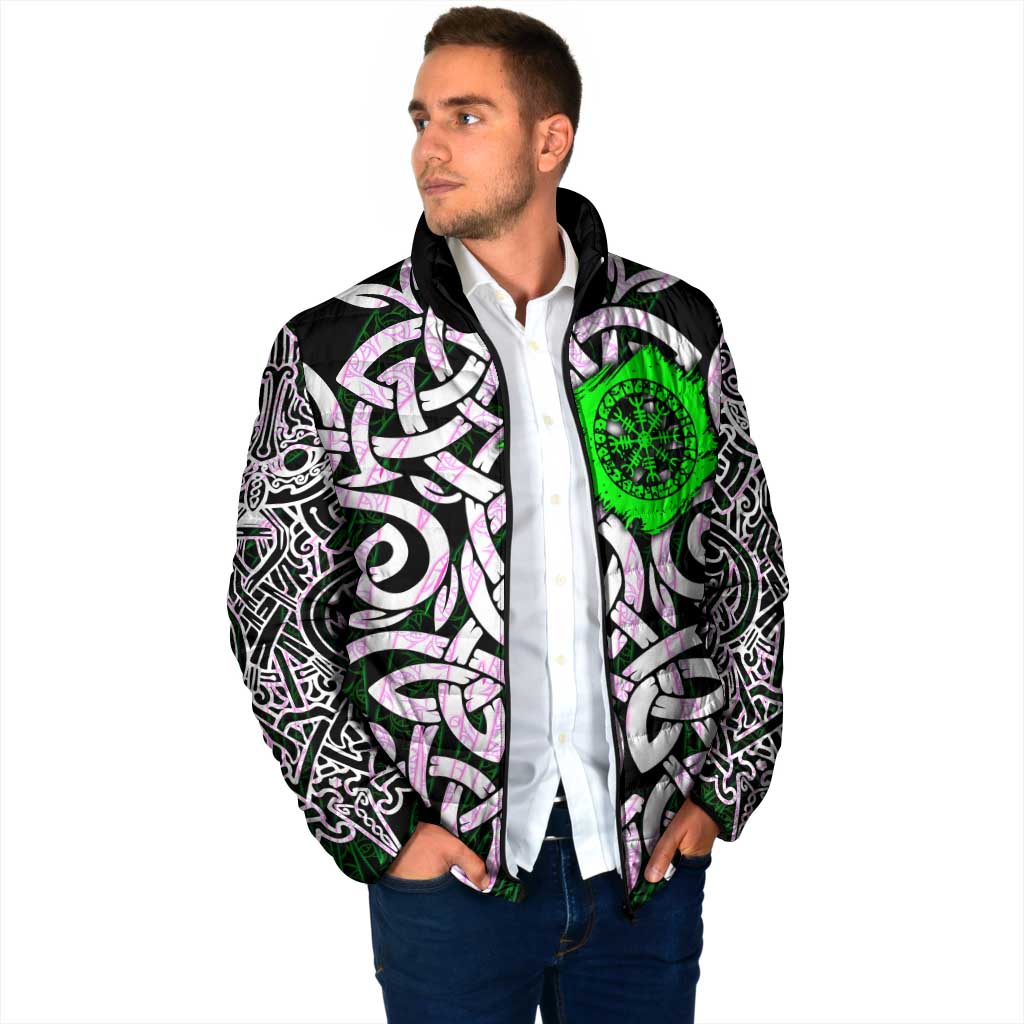 Vegvisir Padded Jacket with Green Dragons and Norse Knots Viking Protection Tribute - Wonder Print Shop