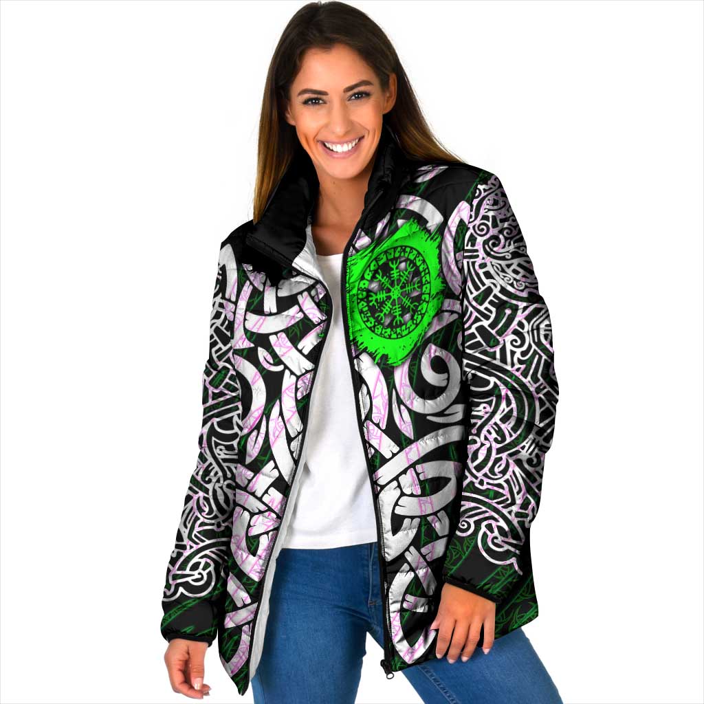 Vegvisir Padded Jacket with Green Dragons and Norse Knots Viking Protection Tribute - Wonder Print Shop