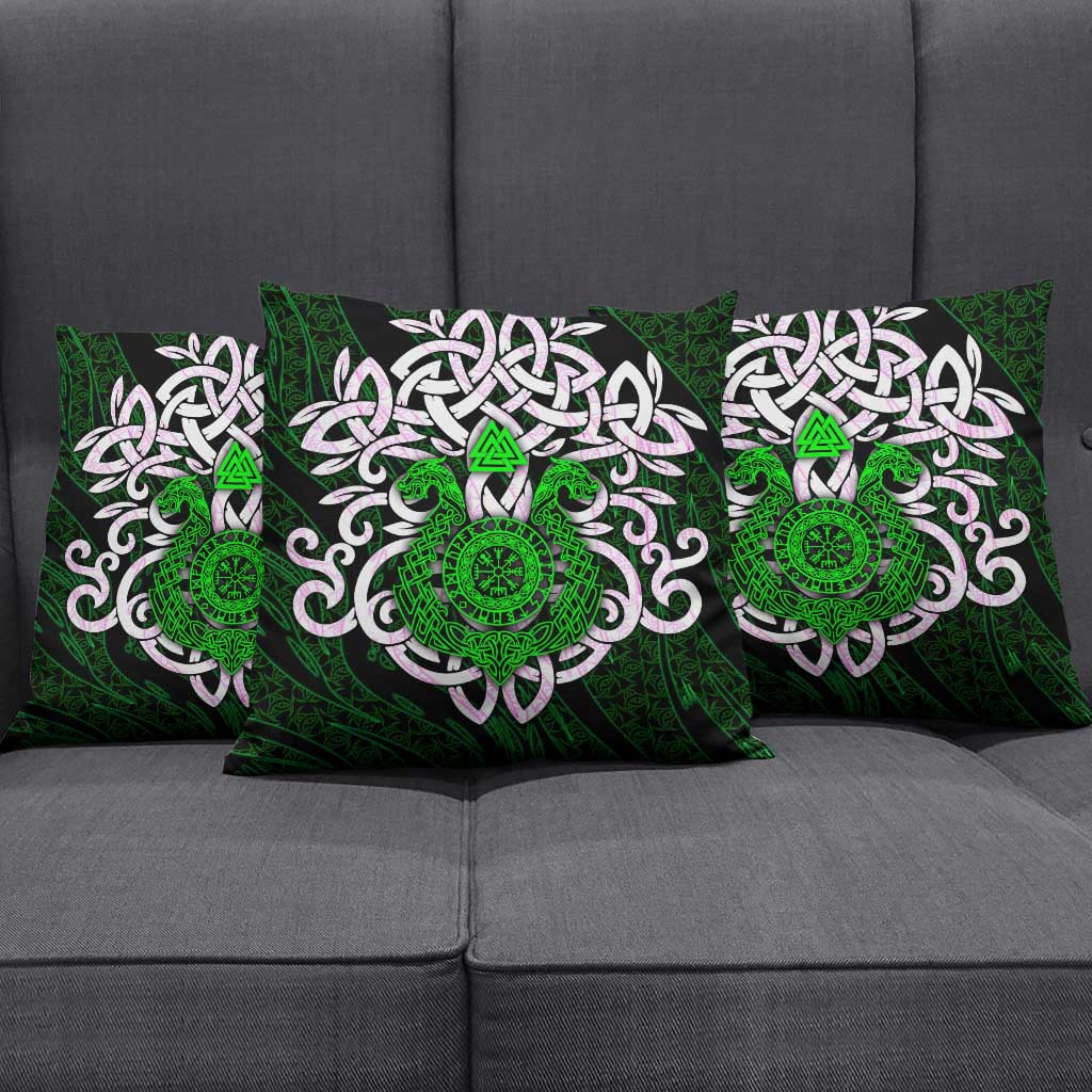 Vegvisir Pillow Cover with Green Dragons and Norse Knots Viking Protection Tribute - Wonder Print Shop