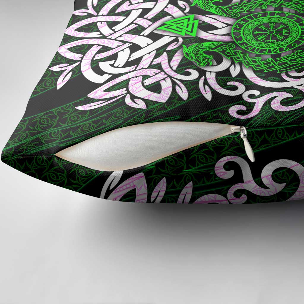 Vegvisir Pillow Cover with Green Dragons and Norse Knots Viking Protection Tribute - Wonder Print Shop