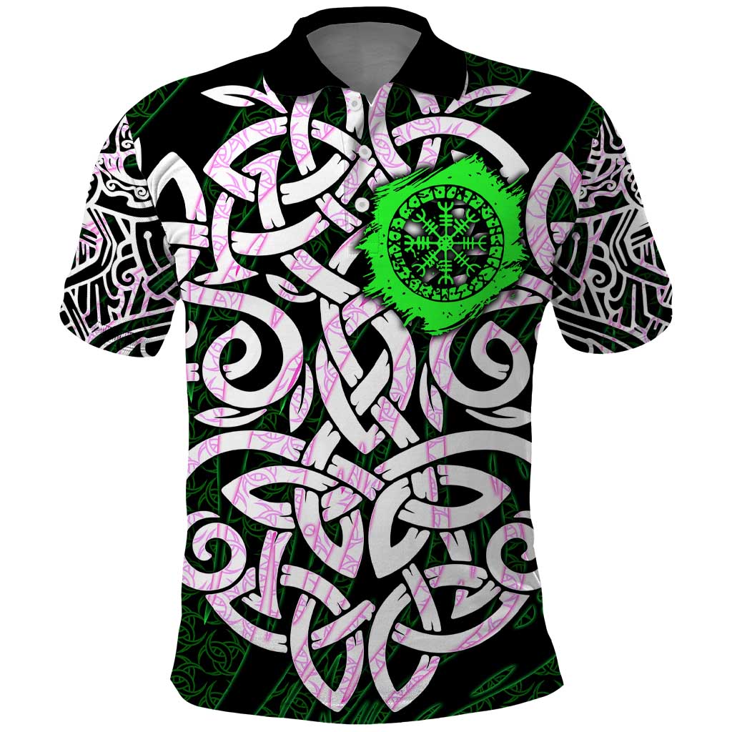 Vegvisir Polo Shirt with Green Dragons and Norse Knots Viking Protection Tribute - Wonder Print Shop
