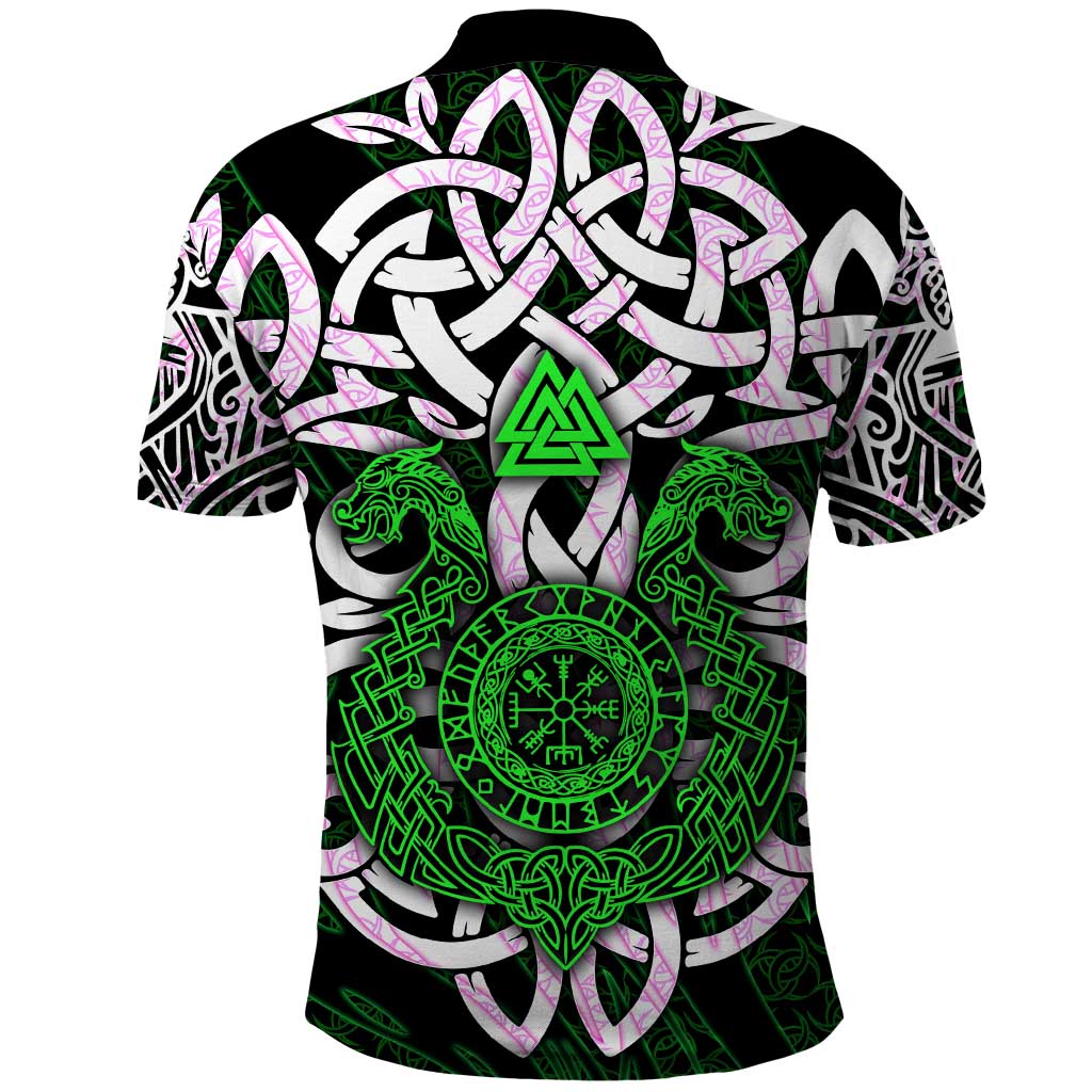 Vegvisir Polo Shirt with Green Dragons and Norse Knots Viking Protection Tribute - Wonder Print Shop