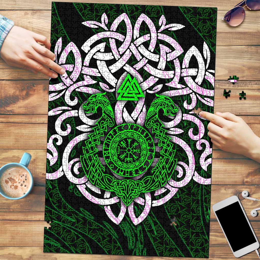 Vegvisir Puzzle with Green Dragons and Norse Knots Viking Protection Tribute - Wonder Print Shop