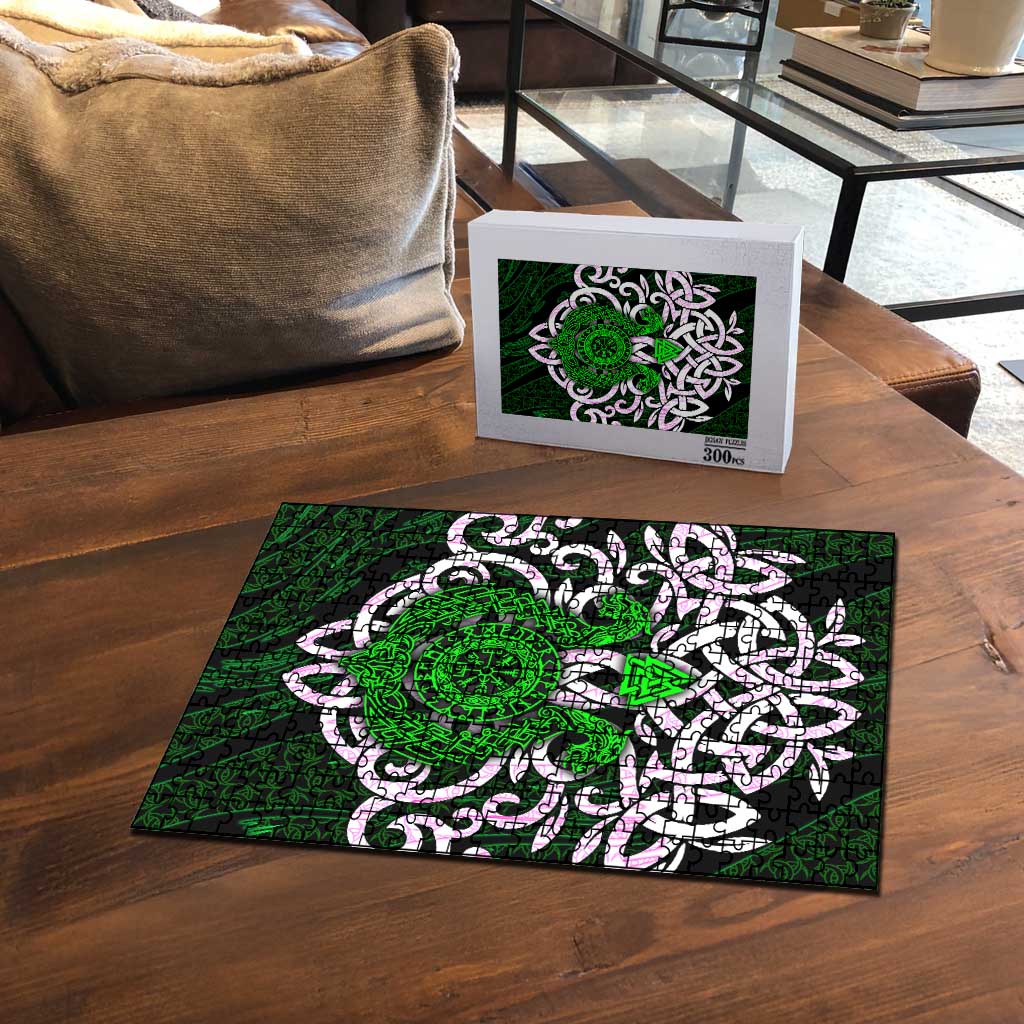 Vegvisir Puzzle with Green Dragons and Norse Knots Viking Protection Tribute - Wonder Print Shop
