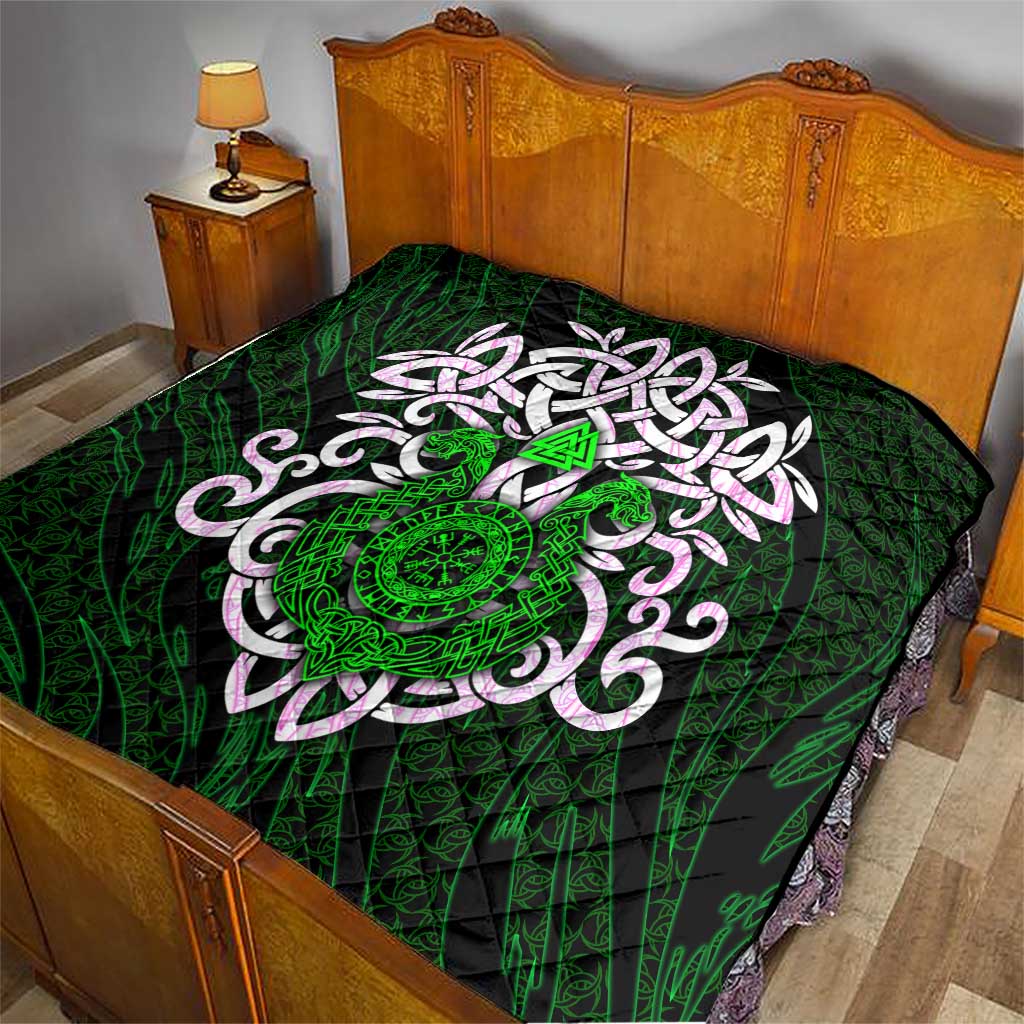 Vegvisir Quilt with Green Dragons and Norse Knots Viking Protection Tribute - Wonder Print Shop
