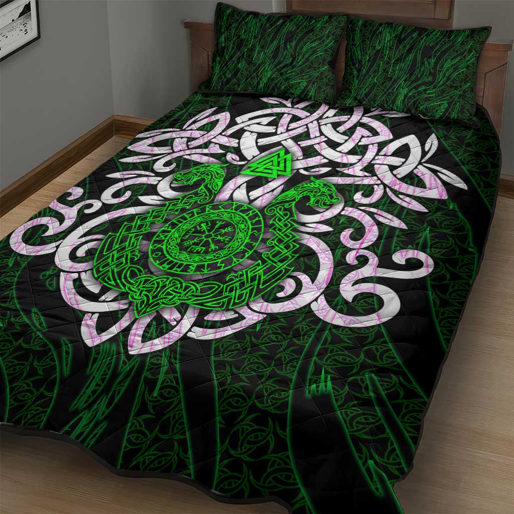 Vegvisir Quilt Bed Set with Green Dragons and Norse Knots Viking Protection Tribute - Wonder Print Shop