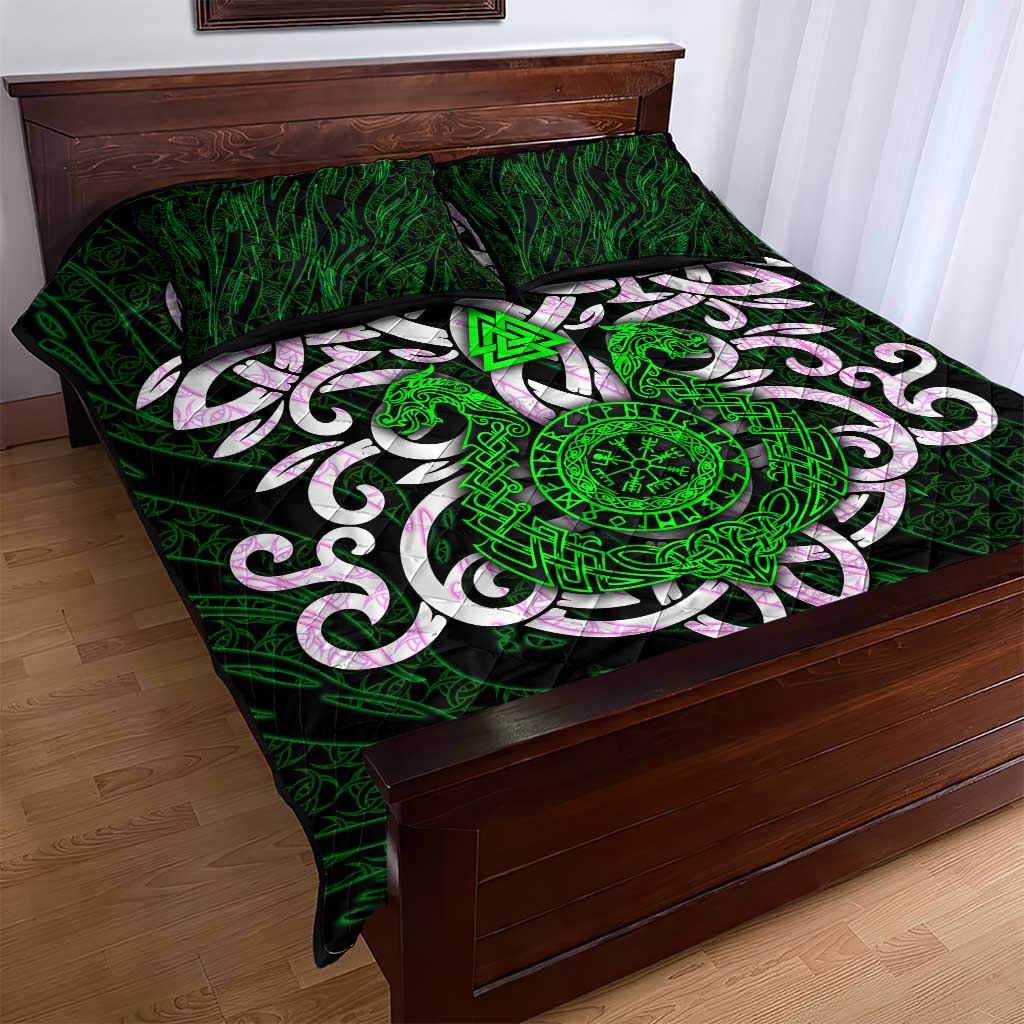 Vegvisir Quilt Bed Set with Green Dragons and Norse Knots Viking Protection Tribute - Wonder Print Shop