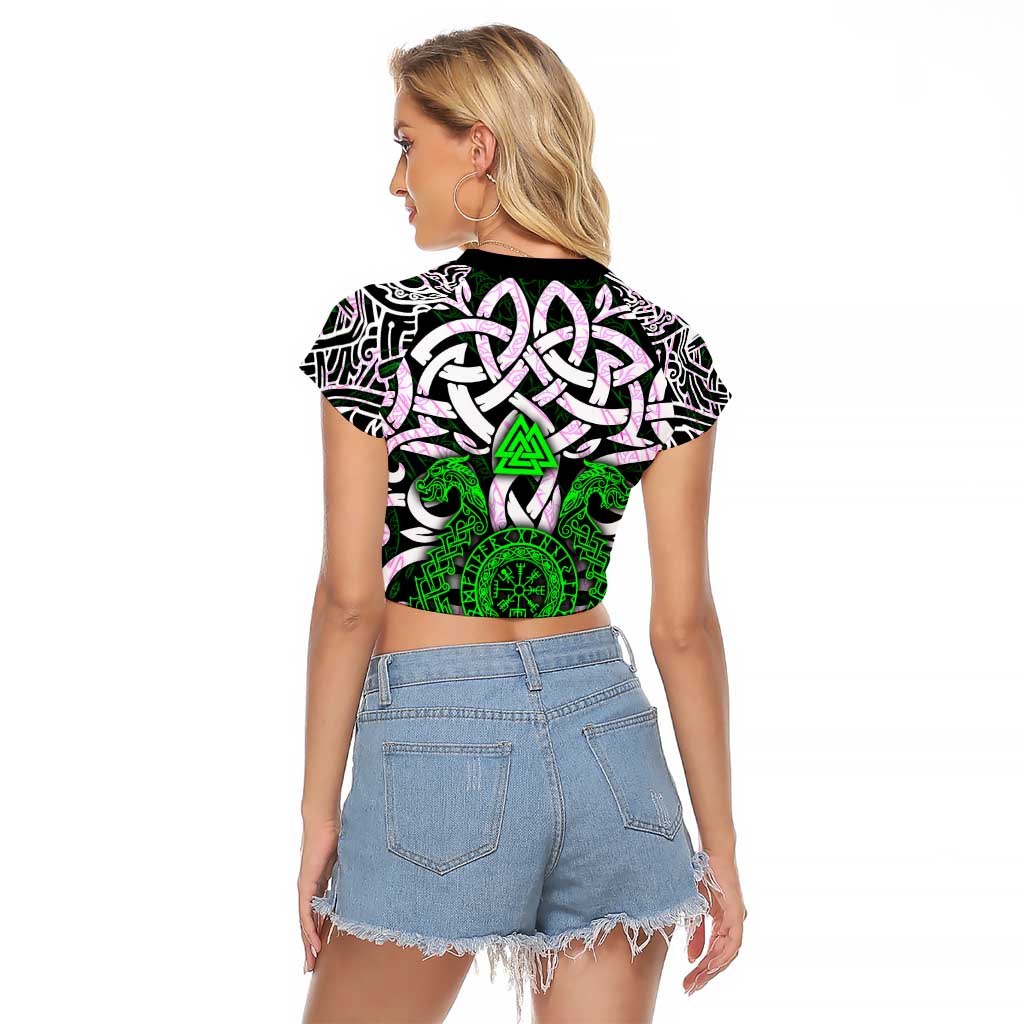 Vegvisir Raglan Cropped T Shirt with Green Dragons and Norse Knots Viking Protection Tribute - Wonder Print Shop