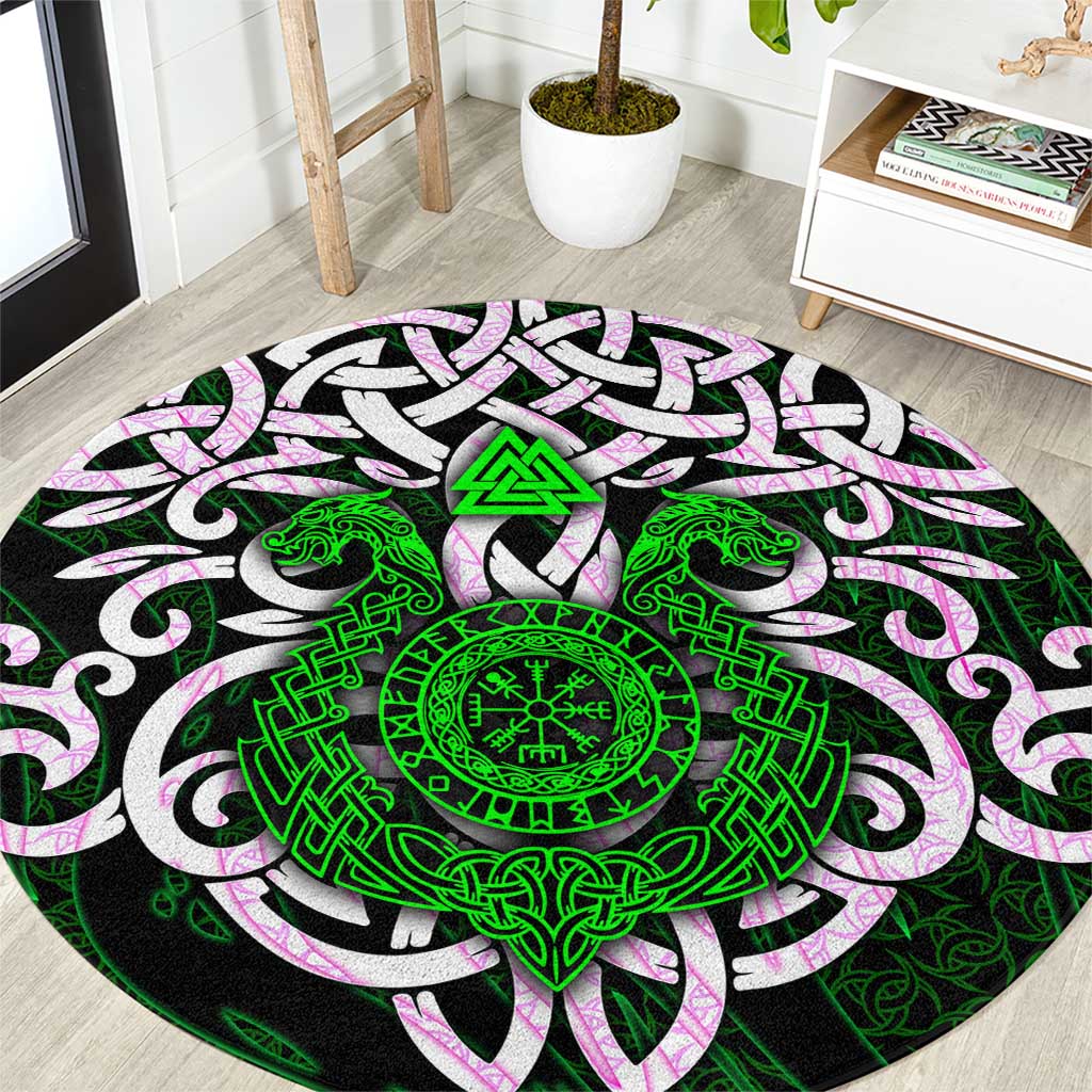 Vegvisir Round Carpet with Green Dragons and Norse Knots Viking Protection Tribute - Wonder Print Shop