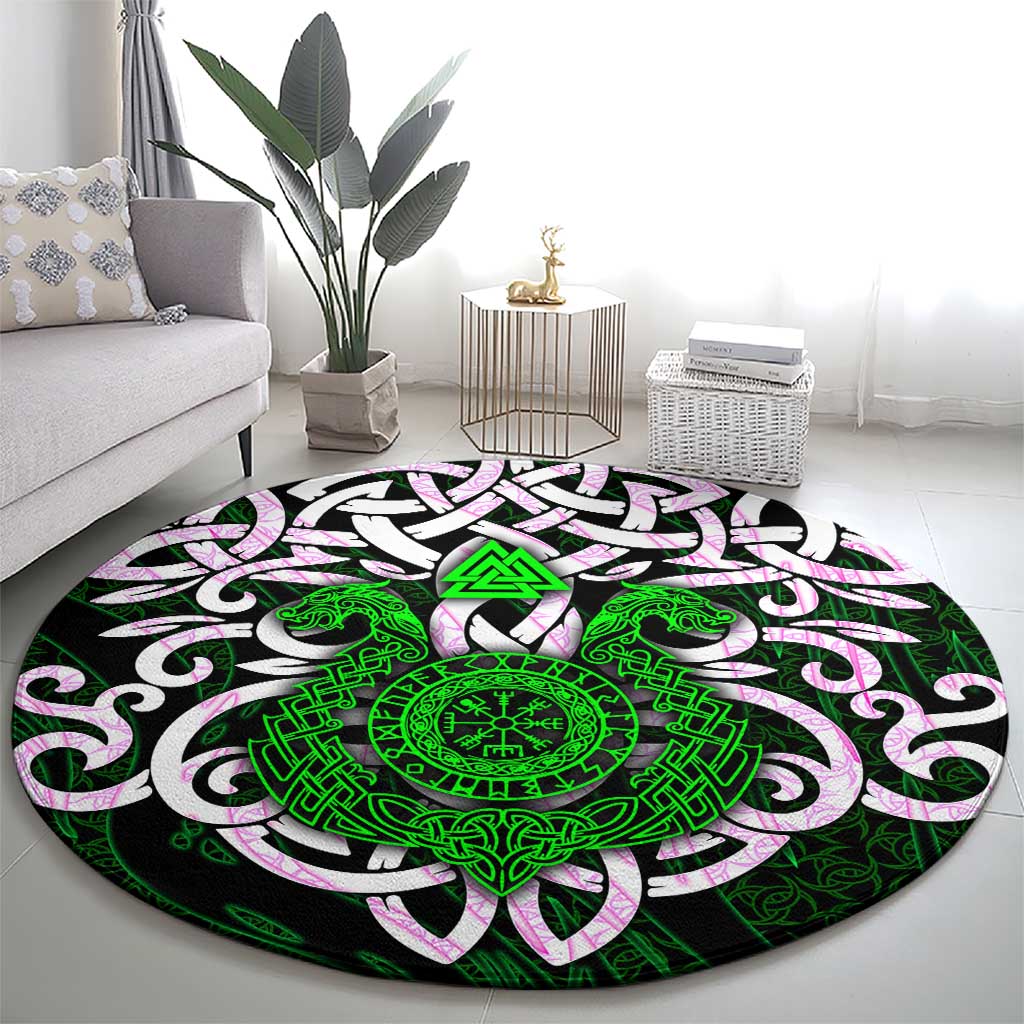 Vegvisir Round Carpet with Green Dragons and Norse Knots Viking Protection Tribute - Wonder Print Shop